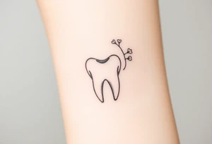 Minimalist molar tooth with a thin, arching branch of baby’s breath leaning gently against one side, airy and elegant.” tattoo idea
