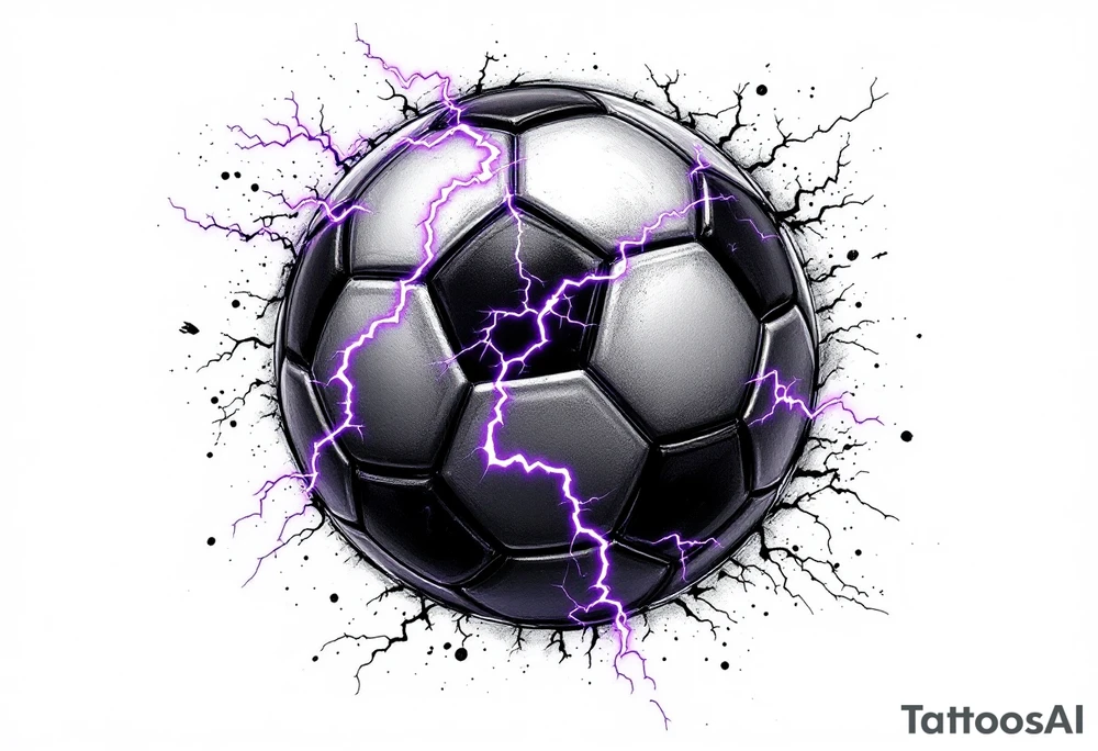A black soccer ball with purple lightning bolts cracking across its surface. tattoo idea