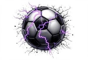 A black soccer ball with purple lightning bolts cracking across its surface. tattoo idea
