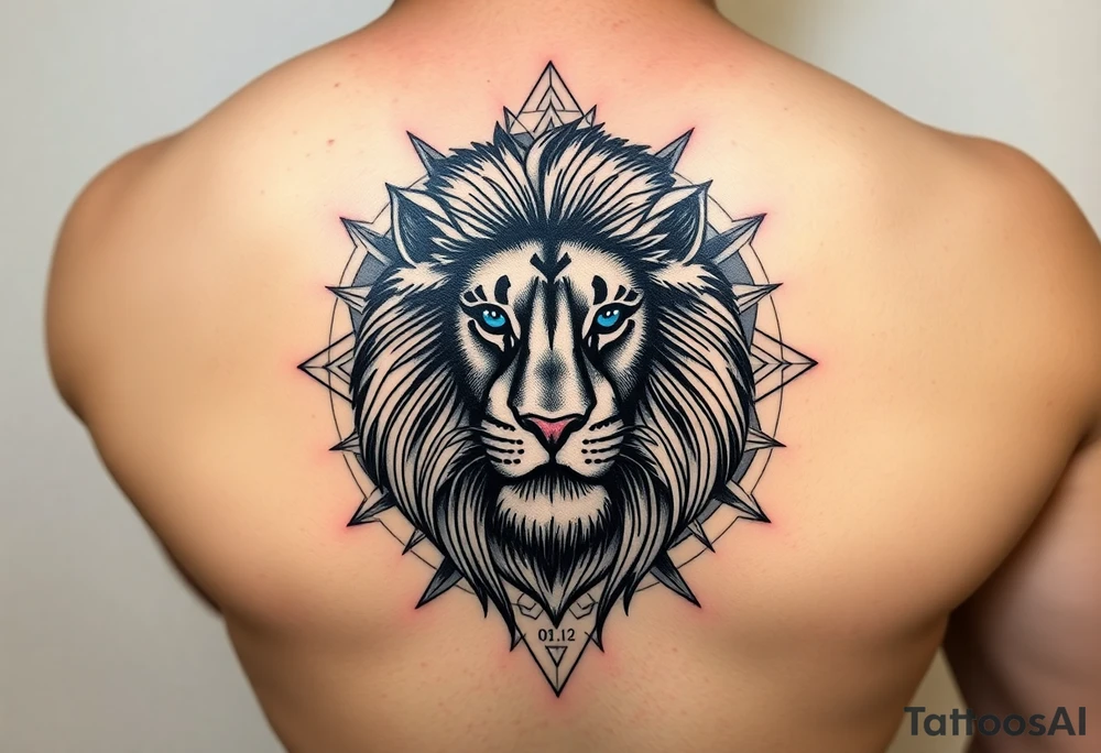 Lions face with big flowy mane in a more realism style. Placement is on the back of the leg. Blend elements of curiosity and exploration through nature elements (forest, water, etc). Also add in geometric patterns around the lion. Make the eyes blue. Hide the date 03.12.2025 in Roman numerals somewhere in the geometric patterns. Think real hard and creatively tattoo idea