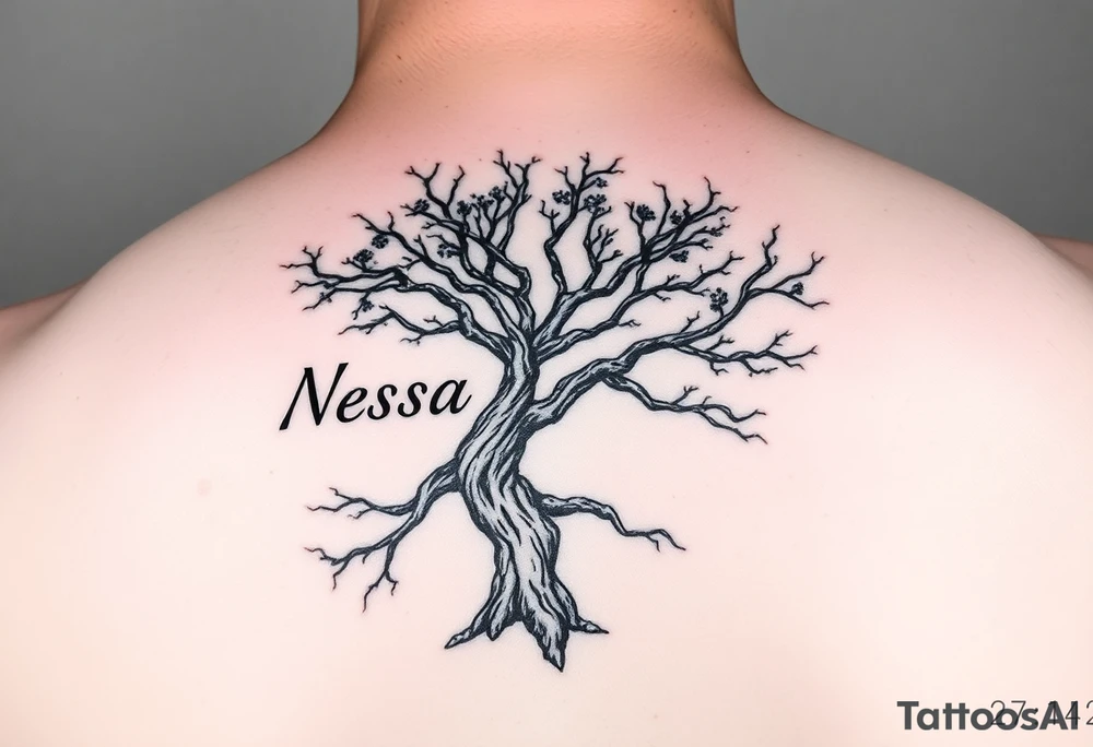 the name Nessa, Anne, Jessy
 on a live tree tattoo idea