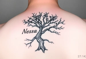 the name Nessa, Anne, Jessy
 on a live tree tattoo idea