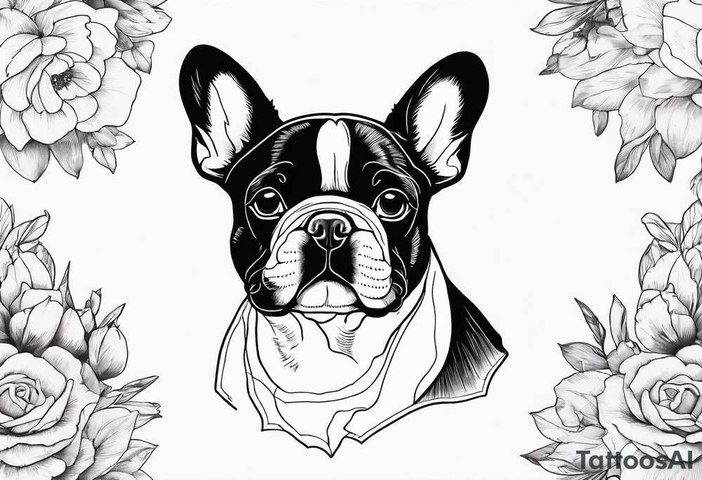 Design a delicate outline tattoo of a French Bulldog, emphasizing its charming features and quirky expression tattoo idea