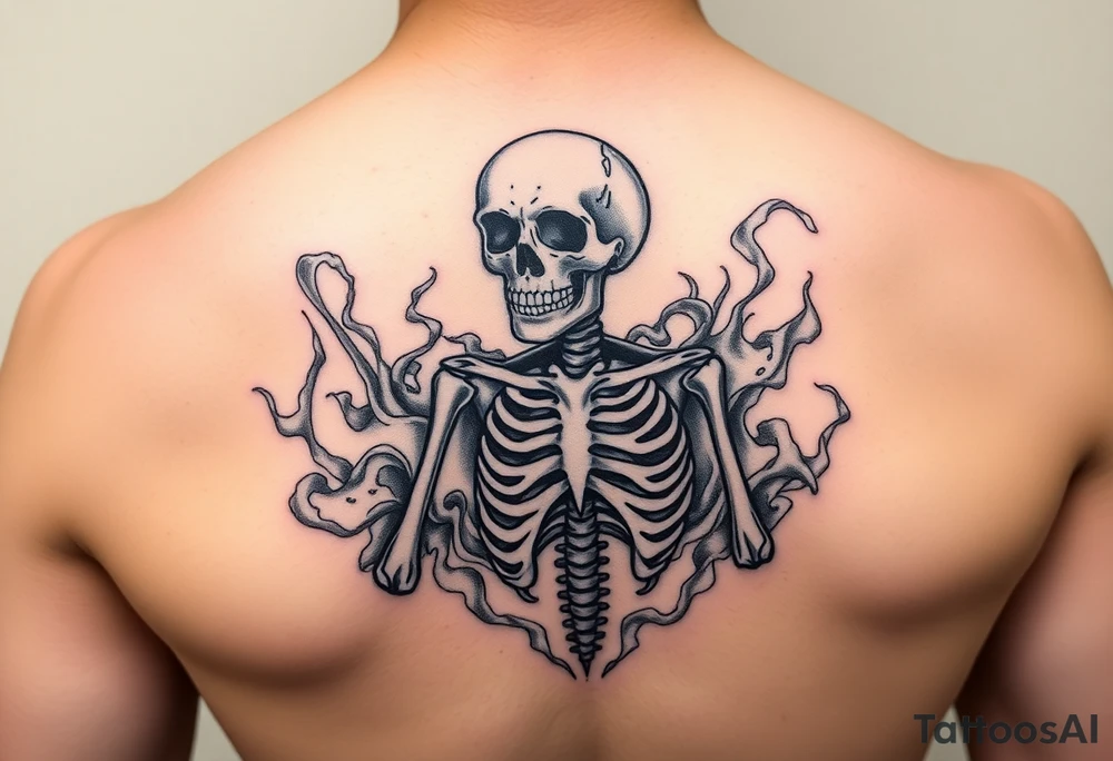 Skeleton in despair, surrounded by smoke tattoo idea
