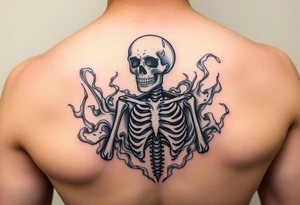 Skeleton in despair, surrounded by smoke tattoo idea
