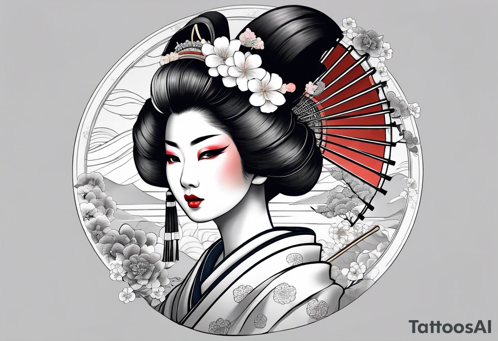Geisha with a dress and a fan, traditional japanese, tattoo idea