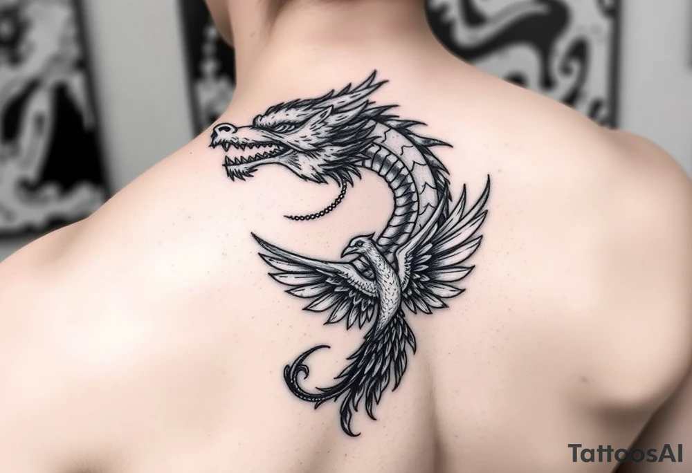 Dragons head at the top left of the chest with a phoenix below to the right tattoo idea
