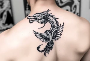 Dragons head at the top left of the chest with a phoenix below to the right tattoo idea