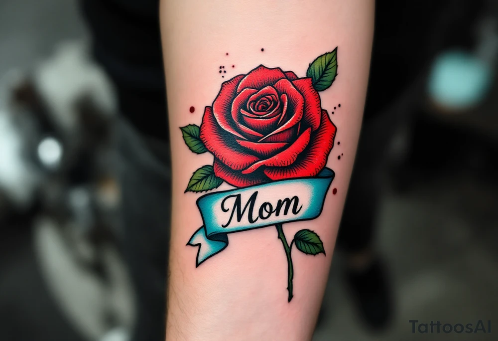 A red rose with a teal ribbon that wraps around with “Mom” in bold black ink. tattoo idea