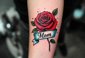 A red rose with a teal ribbon that wraps around with “Mom” in bold black ink. tattoo idea