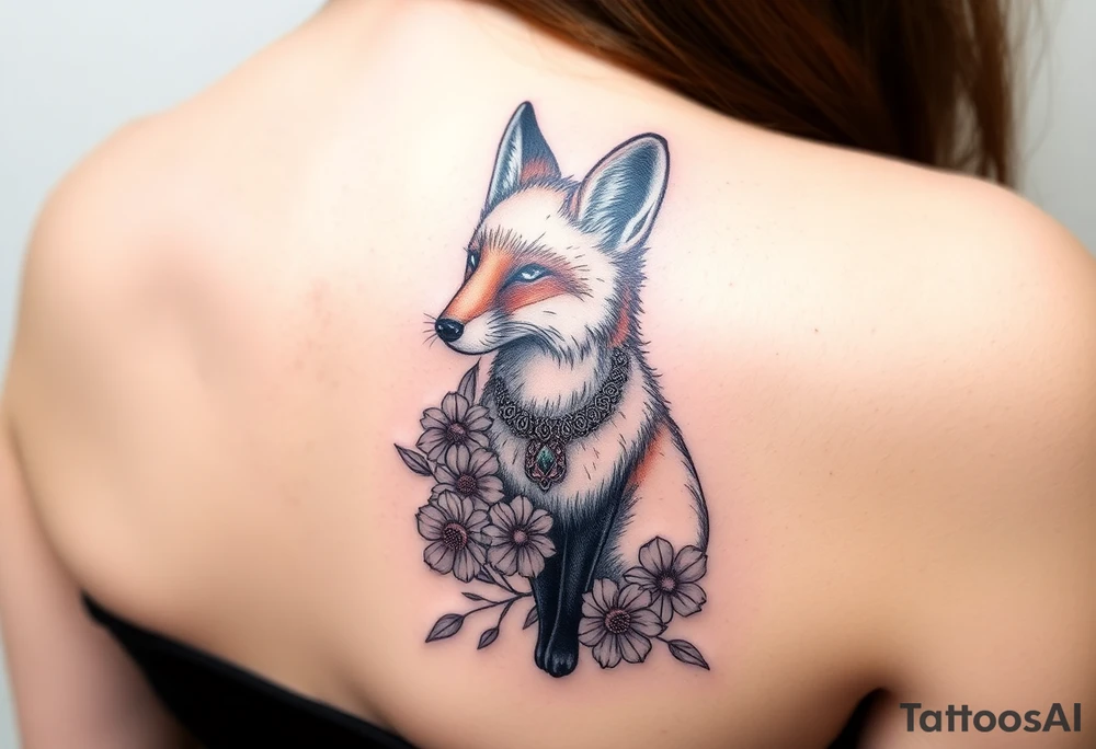 adult fox with jewelry smelling wild flowers tattoo idea