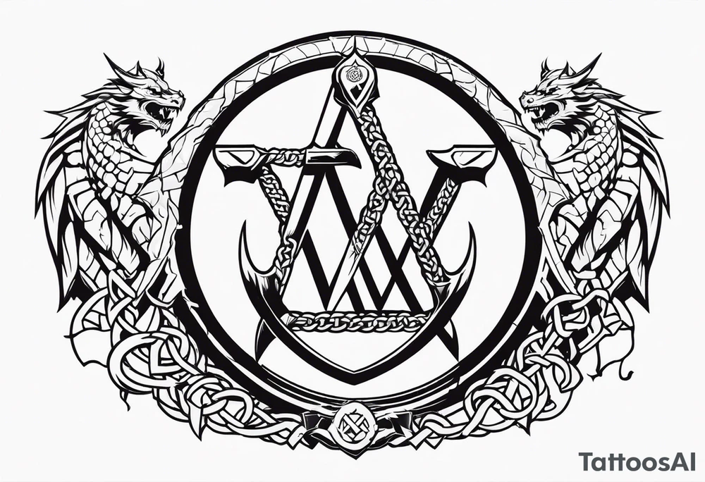Valhalla sword shield dragon axe Valknut barbed wire chains tattoo idea Valhalla sword shield dragon axe Valknut barbed wire chains tattoo idea