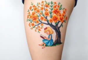 An orange tree full of flowers. Under the tree, a little blond girl wearing a blue dress sitting while reading. 


. tattoo idea