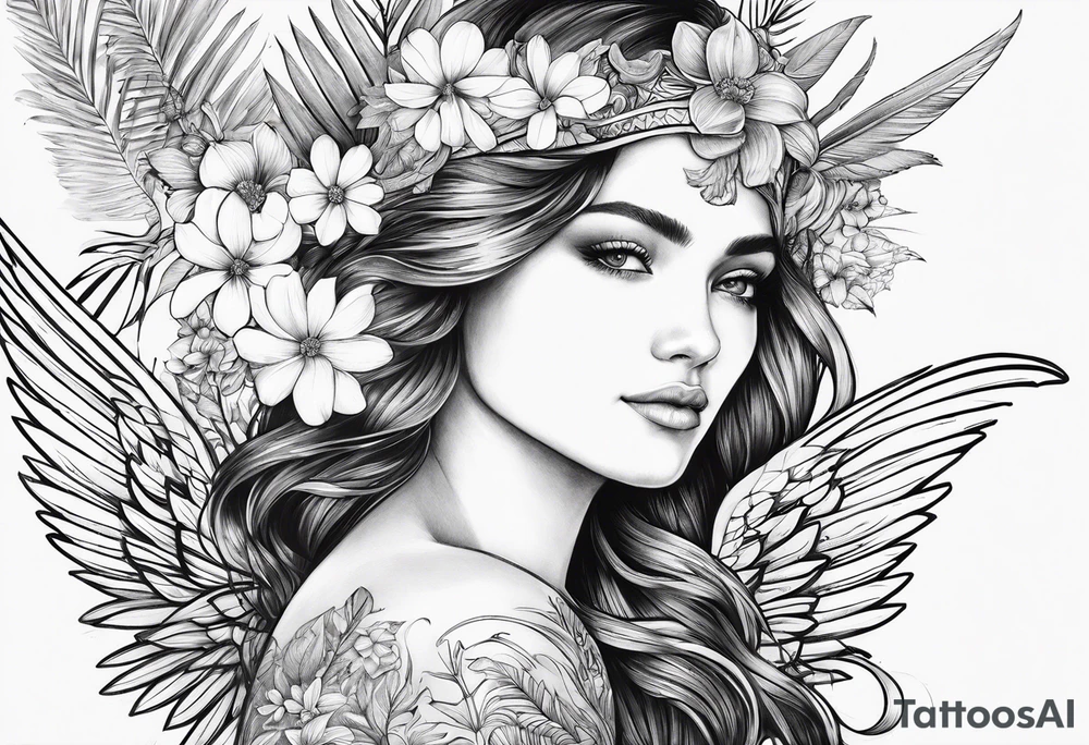 wing angel, flower, palm, sea tattoo idea