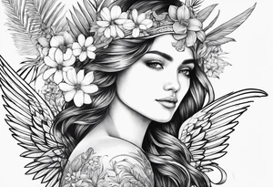 wing angel, flower, palm, sea tattoo idea