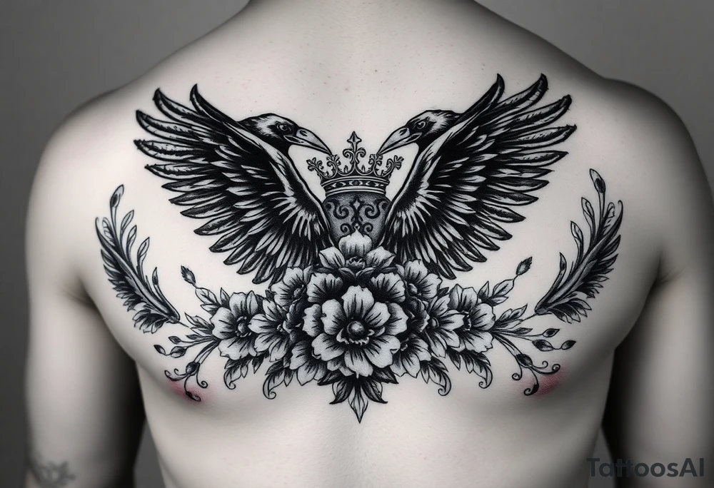 Chest tattoo,powerful majestic ravens with a crown, surrounded by floral ornaments and birds tattoo idea