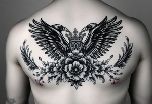 Chest tattoo,powerful majestic ravens with a crown, surrounded by floral ornaments and birds tattoo idea