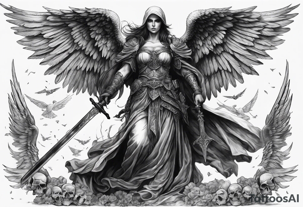 realistic angel of death, full body, without face, holding one sword in both hands, sword pointing downwards, skulls lying on the ground tattoo idea
