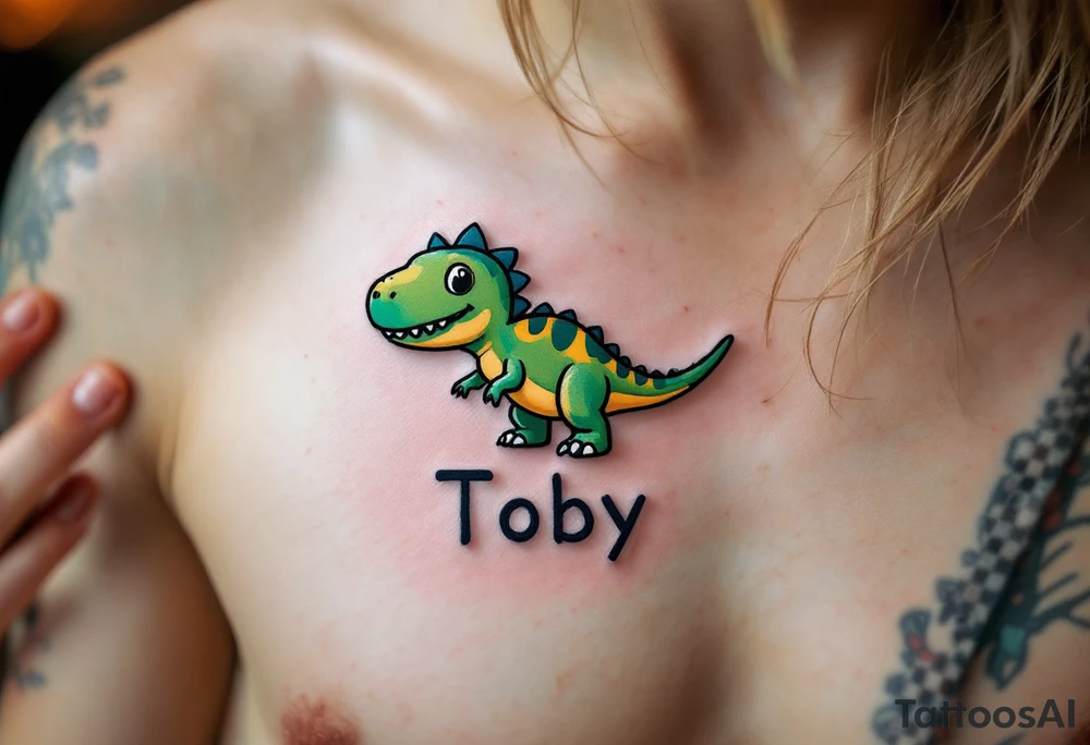 A tiny dinosaur in green and grey, with the son’s nickname Toby written in playful bold font beneath. tattoo idea