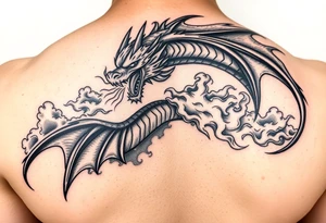 fierce dragon breathing iridescent fire against stormy skies tattoo idea