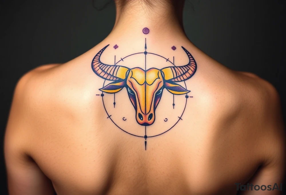 Powerful Taurus tattoo horiscope with purple and yellow tattoo idea
