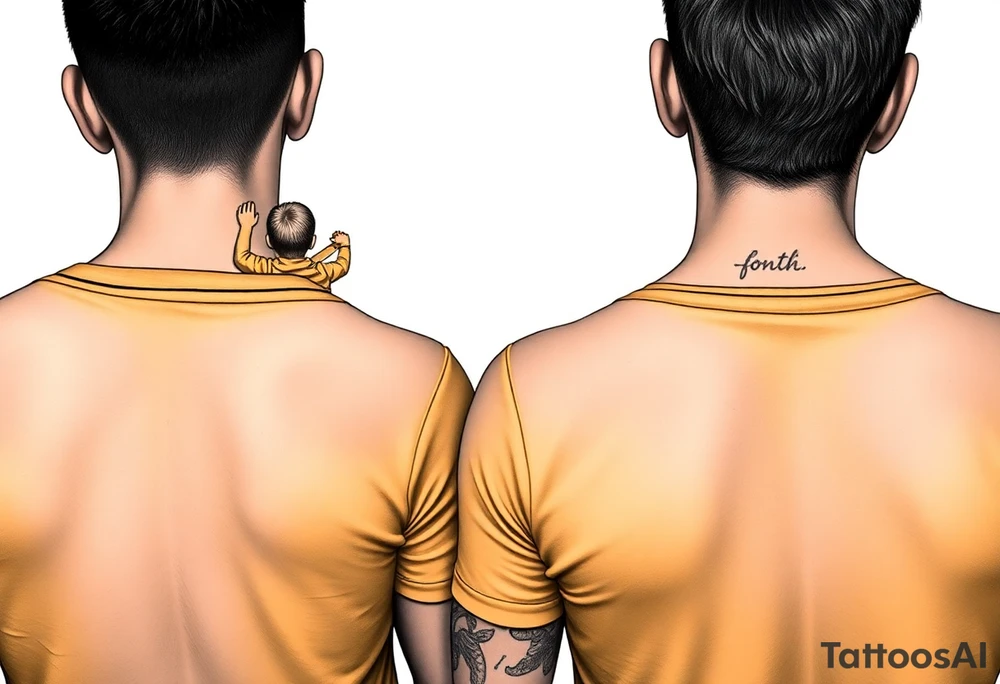 4 soccer fans from their backs, wearing yellow blue shirts. the second one from left having a kid on his shoulders, and he's rising a scarf.
the right one is older and shorter tattoo idea