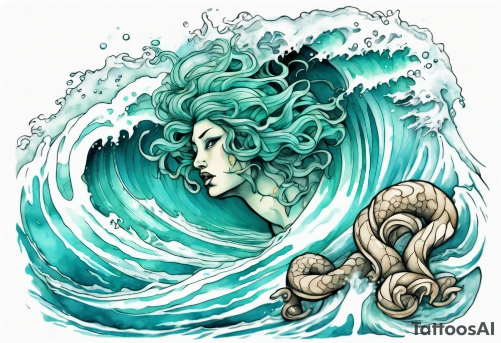 a beautiful chubby turquoise gorgon emerging from an ocean wave, crashing onto the shore tattoo idea