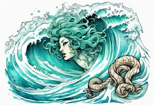 a beautiful chubby turquoise gorgon emerging from an ocean wave, crashing onto the shore tattoo idea