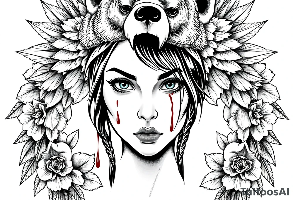 Young Symmetrical Beautiful Woman, looking forward, with colored eyes, shedding a tear, with battle scars and blood on face, with soft look, wearing a mean looking bear headdress on head, with flower background tattoo idea