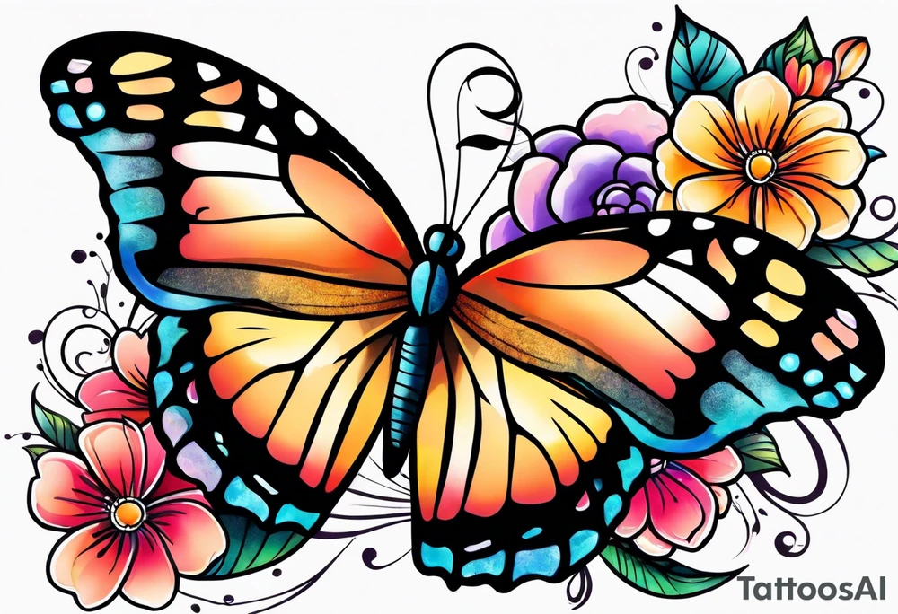 Colorful flowers and butterflies half arm sleeve tattoo idea