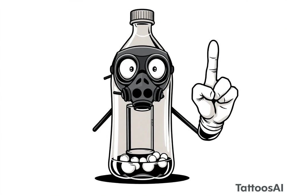 A caricature 2 liter bottle with bulging cartoon eyes and a gas mask on where it’s mouth and nose are supposed to be. Inside the bottle is a lithium battery,and pseudoephedrine tablets, along with a liquid. It has cartoon stick arms with big white gloves one had is holding up his middle finger. It should be dark and grimy looking as if a person had been up for some days and the middle finger on the right hand should be up tattoo idea
