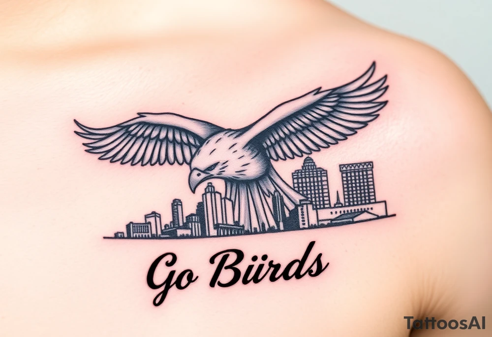 Philadelphia eagle flying over Philadelphia city skyline with Go Birds written under it tattoo idea