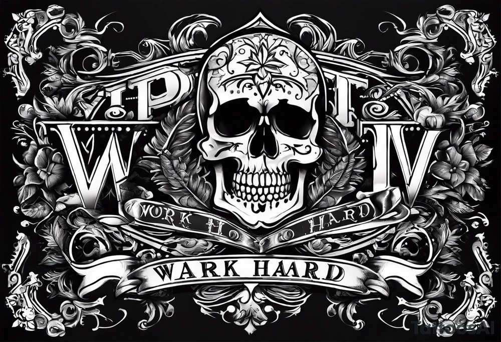 I want a tattoo with a skull design with the letters "work hard" at the top and the letters "play hard" at the bottom, in black only. tattoo idea