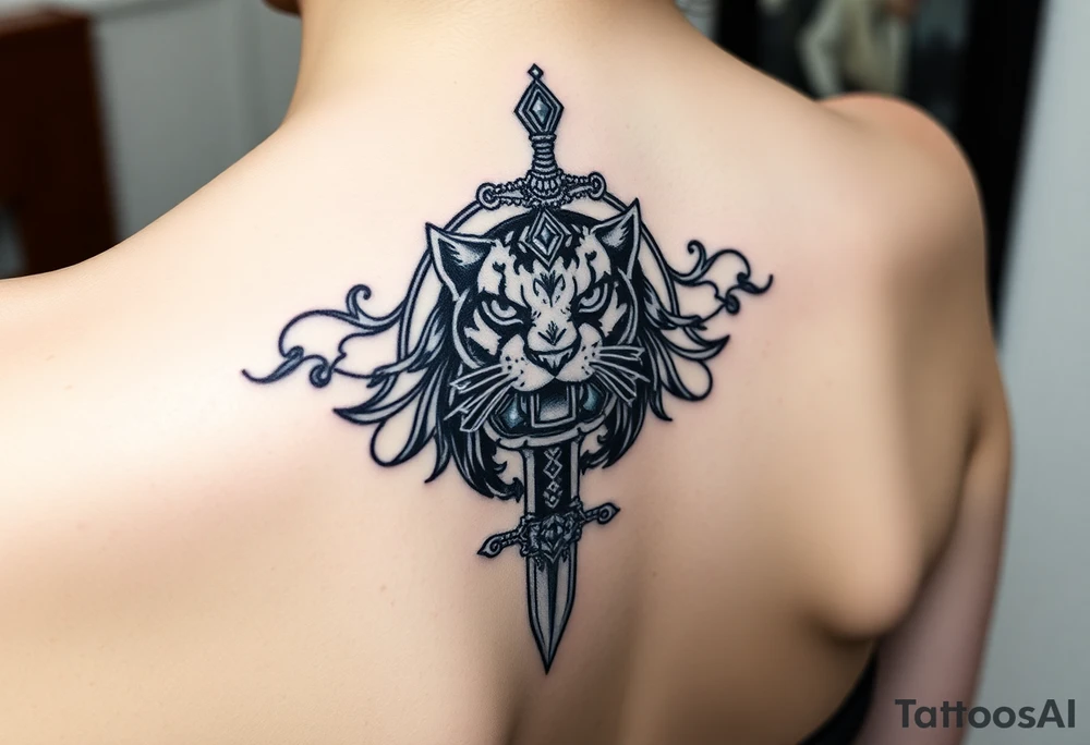 mystical panther around an ancient dagger with jeweled hilt tattoo idea