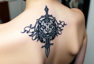 mystical panther around an ancient dagger with jeweled hilt tattoo idea