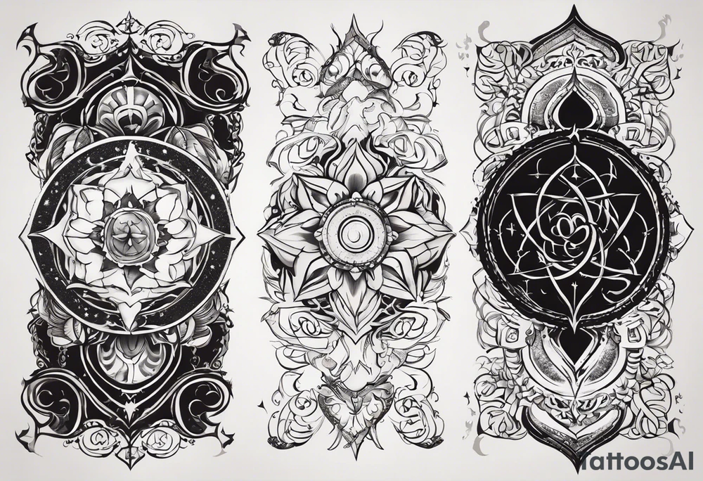 Here's the translation of the request into English:

Create a sketch for a male tattoo that reflects the concept of life purpose and spiritual growth. The tattoo should symbolize the idea of a higher plan assigned to a person before birth, and the path of spiritual realization. Include elements that personify the Universe, higher powers, or divine origin. The image should convey forward movement along life's path and ascension to a higher level of consciousness. The tattoo style should be masculine and philosophical, suitable for placement on the forearm tattoo idea