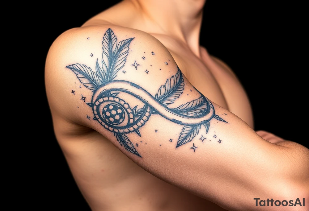 infinity symbol woven with floating feathers and stardust tattoo idea