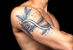 infinity symbol woven with floating feathers and stardust tattoo idea