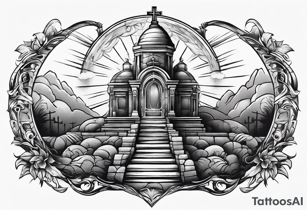 Tomb with cross and sun in the background tattoo idea