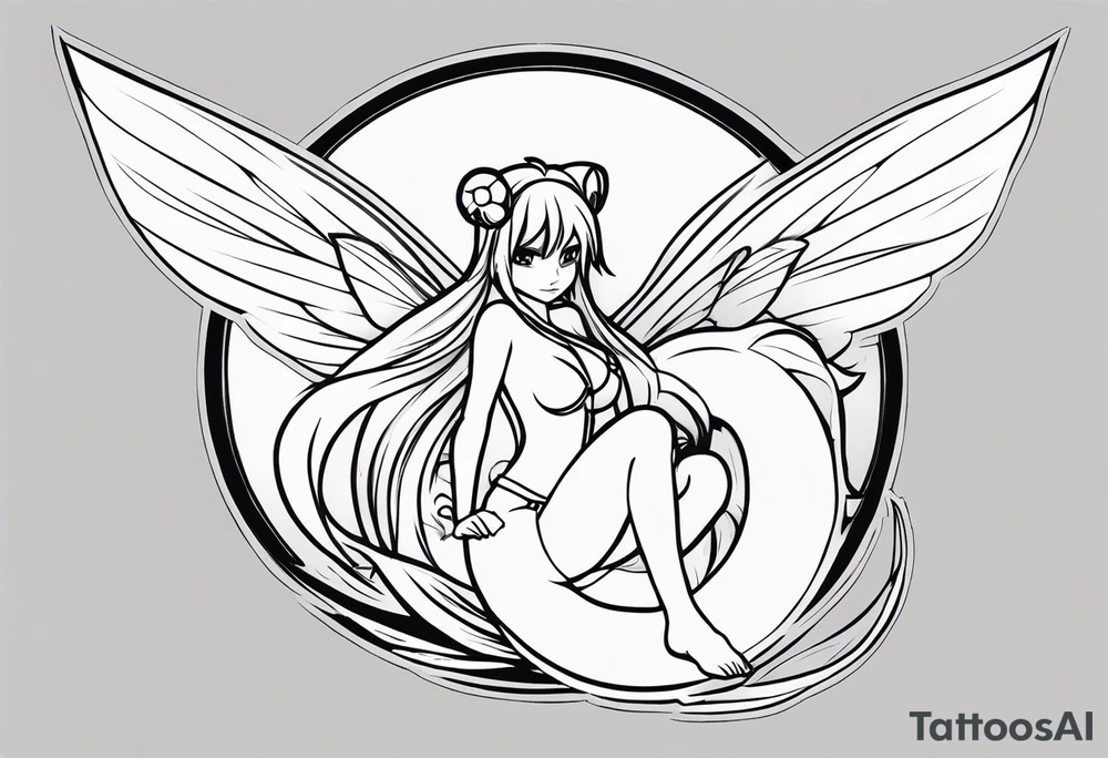 No color fairy with a tail inspired by the guild symbol in the anime show called Fairy Tail in a fetal position leaning in and forward while crawled in tattoo idea