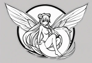No color fairy with a tail inspired by the guild symbol in the anime show called Fairy Tail in a fetal position leaning in and forward while crawled in tattoo idea