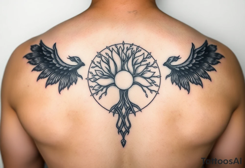 yggadrisl tree of life with circle. Jai , Phoebe, Imogen, Matilda in the circle tattoo idea
