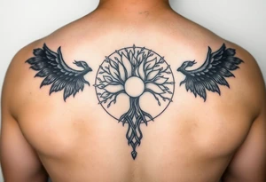 yggadrisl tree of life with circle. Jai , Phoebe, Imogen, Matilda in the circle tattoo idea