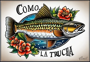 A small tattoo with a shaded trout and text that says, 'Como la trucha...' drawn with fine lines." tattoo idea