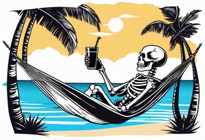 skeleton wearing a button up hawaiian shirt relaxing on the beach with a drink in a hammock tattoo idea