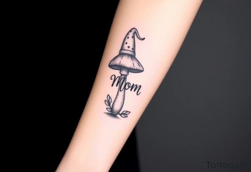Mushroom with word mom on it with gnome on top tattoo idea