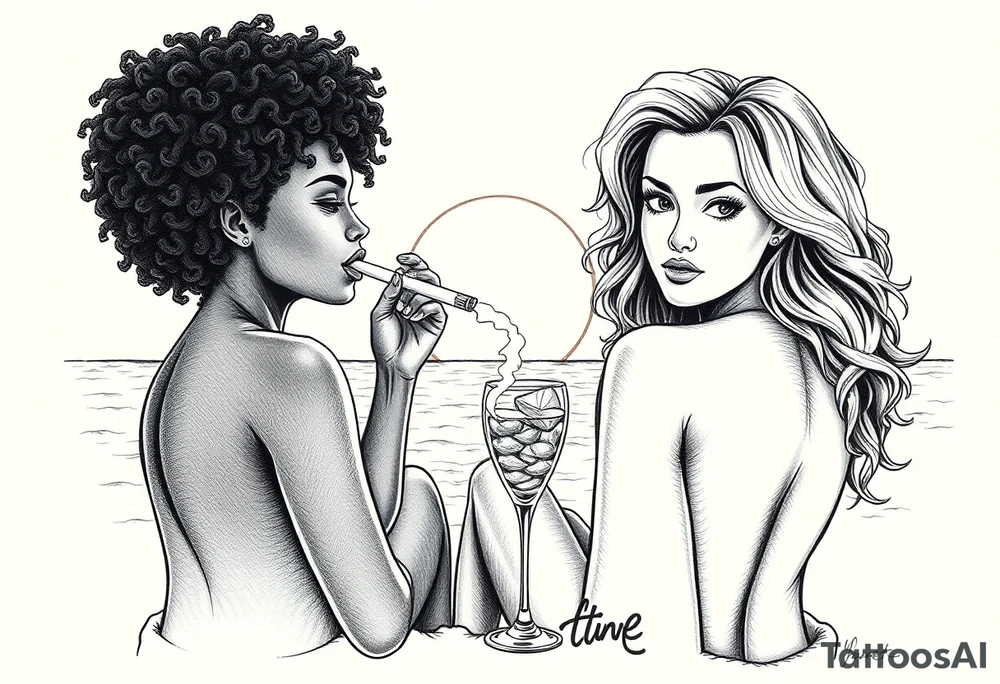 Two females One of the females is dark skin with Curly puffy hair The other girl is light skin and has wavy hair, sitting in front of a sunset on the beach, smoking a blunt with margarita glasses next to them tattoo idea