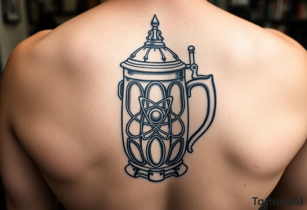A fine line style German stein in a gothic style with an atom on it tattoo idea
