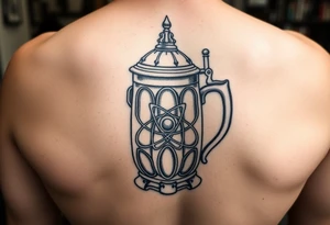 A fine line style German stein in a gothic style with an atom on it tattoo idea