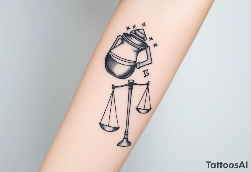 I want a tattoo that combines the Aquarius water bearer and the Libra scales. The water should flow elegantly from the jug, merging into or balancing the scales below. tattoo idea